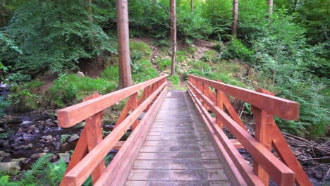 walking through red wooden bridge over stream towards ravensdale forest park in county louth, ireland - pov of person hiking on bridge