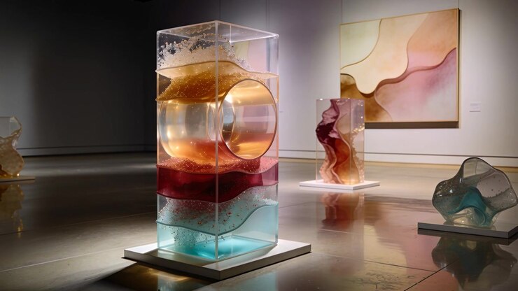 Câmera panorâmica no início revelando escultura de resina em galeria, mostrando vazio circular e camadas.