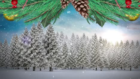 Christmas-wreath-decoration-over-snow-falling-over-multiple-trees-on-winter-landscape