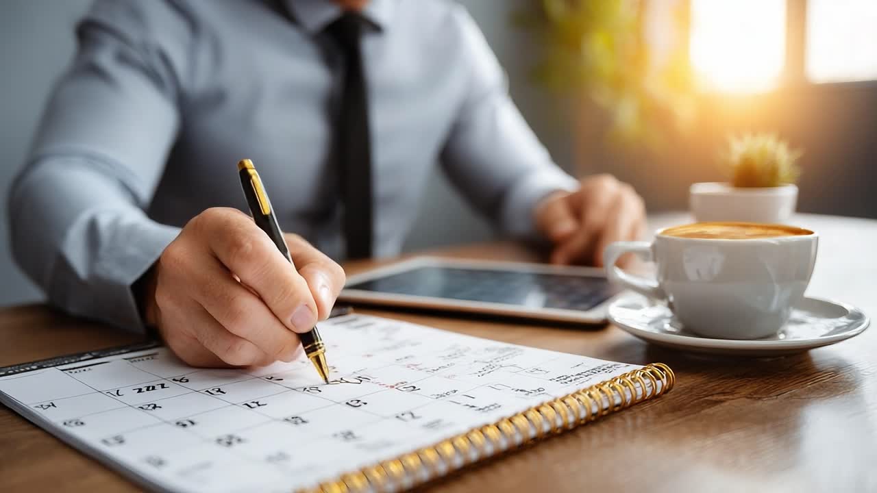 A Professional Engaged in Planning and Organization, Captured in Two Frames as He Marks Important Dates on a Calendar While Enjoying Coffee and Using Technology