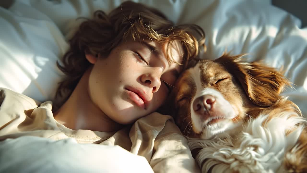 Ragazzo e cane dormono insieme su un letto. Un ragazzo e un cane giacciono fianco a fianco, entrambi dormono pacificamente su un letto in una stanza accogliente.