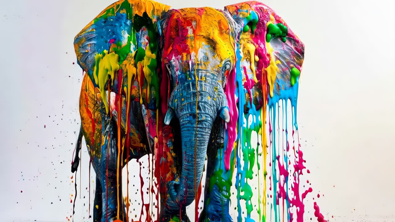 un elefante colorido pintado con salpicaduras de pintura en un fondo blanco