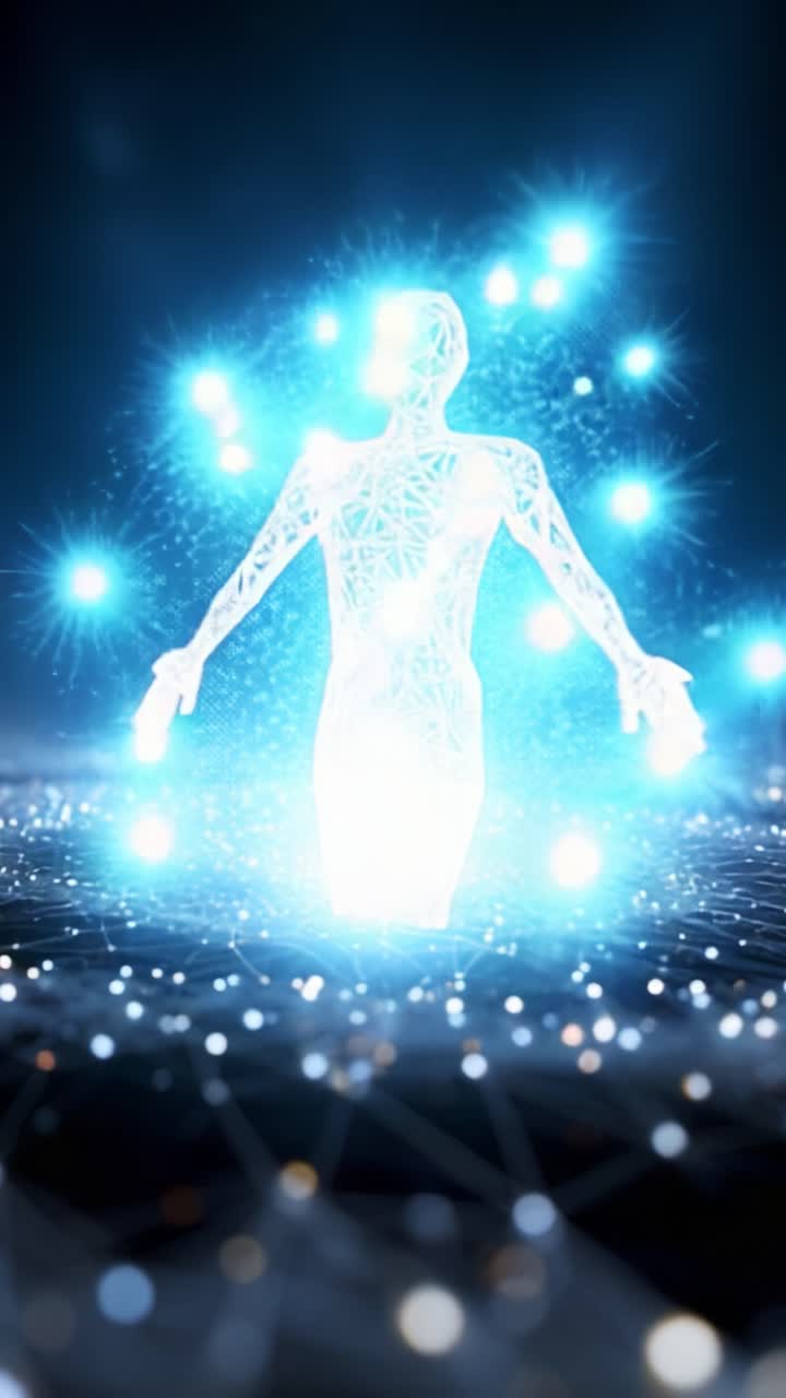 Una representación digital de una figura humana emerge de una red de partículas brillantes, lo que simboliza la intersección de la tecnología, la humanidad y la consciencia en la era moderna.