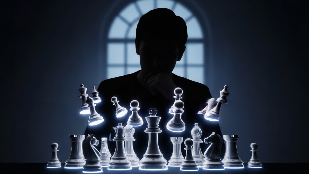 A Thoughtful Strategist Contemplating Moves in a Chess Match Against a Mysterious Glow of Digital Chess Pieces, Capturing the Essence of Intense Decision-Making and Strategy