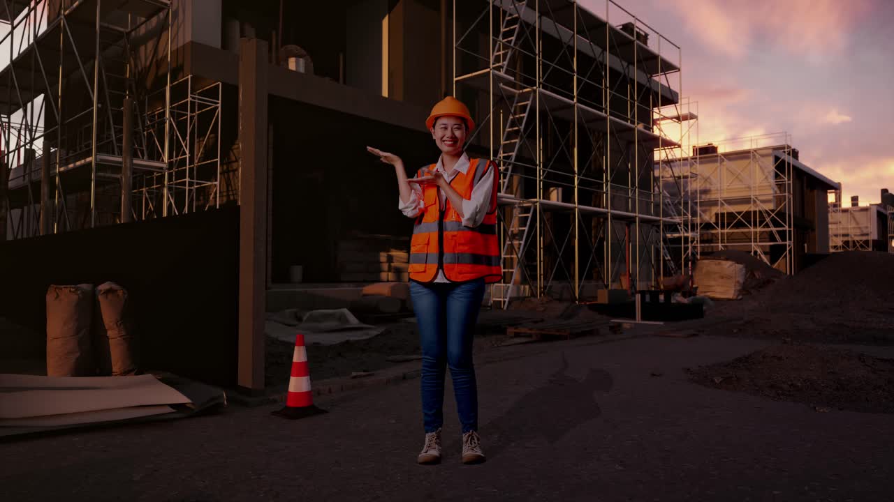 Full Body Of Asian Female Engineer With Safety Helmet Smiling And Pointing To Side While Standing At Construction Site in Progress to New House