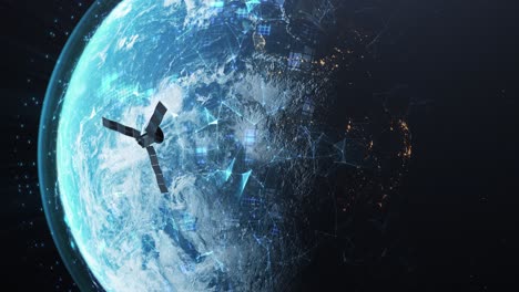 satellite orbiting, flying towards earth, realistic 3d render, telecommunication signals, digital signals