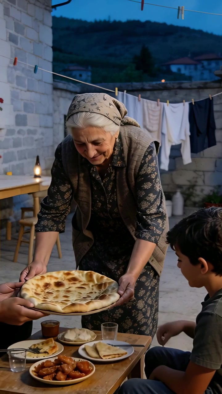 Video verticale: Anziana donna con sciarpa che sistema la focaccia mentre il pasto inizia in cortile.