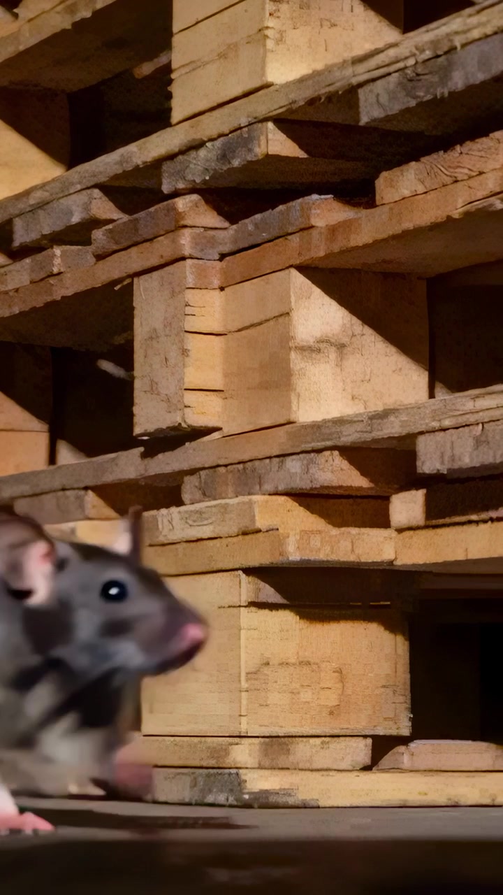 Vertical video: Scurrying rat crossing storage floor near stacked pallets after tail entry at right