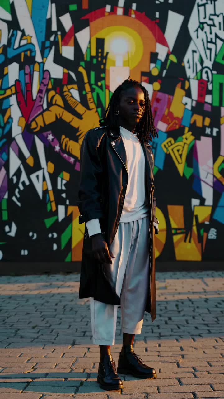 Urban street style video concept featuring a person in a black coat, shot from a low angle