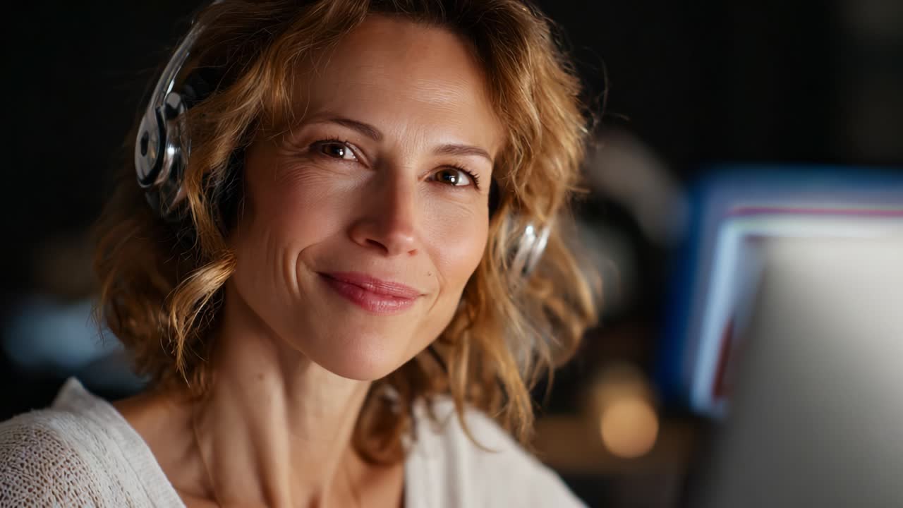 Una donna sorridente con le cuffie impegnata in una conversazione, seduta in un ambiente poco illuminato, che cattura l'essenza dell'interesse e della connessione attraverso la sua espressione calorosa e il comportamento attento