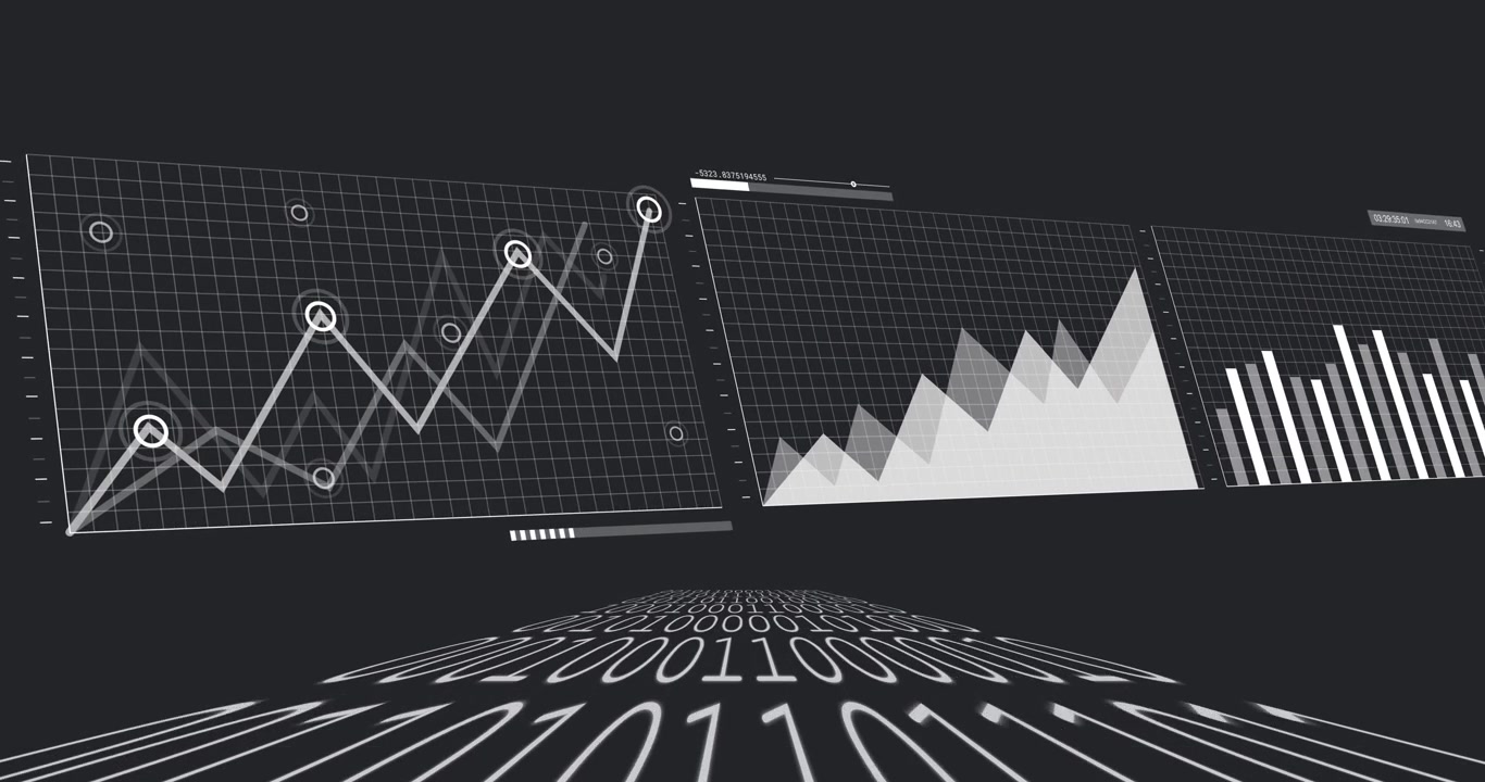 On play camera panning right, binary curve revealing data panels, charts rising, visualizing trends