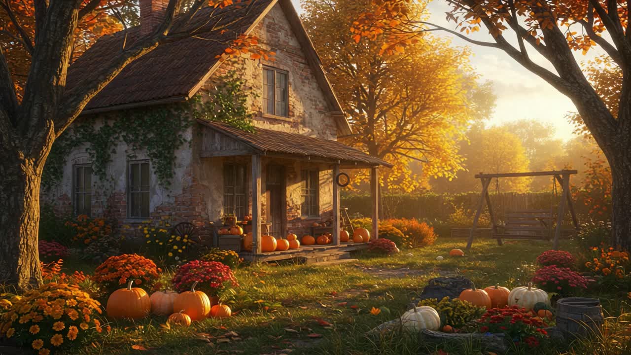 A Cozy Autumn Homestead Surrounded by Vibrant Fall Foliage, Lush Pumpkin Patches, and Colorful Blooms Capturing the Essence of Harvest Season
