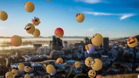 emoji icons flying over cityscape 4k