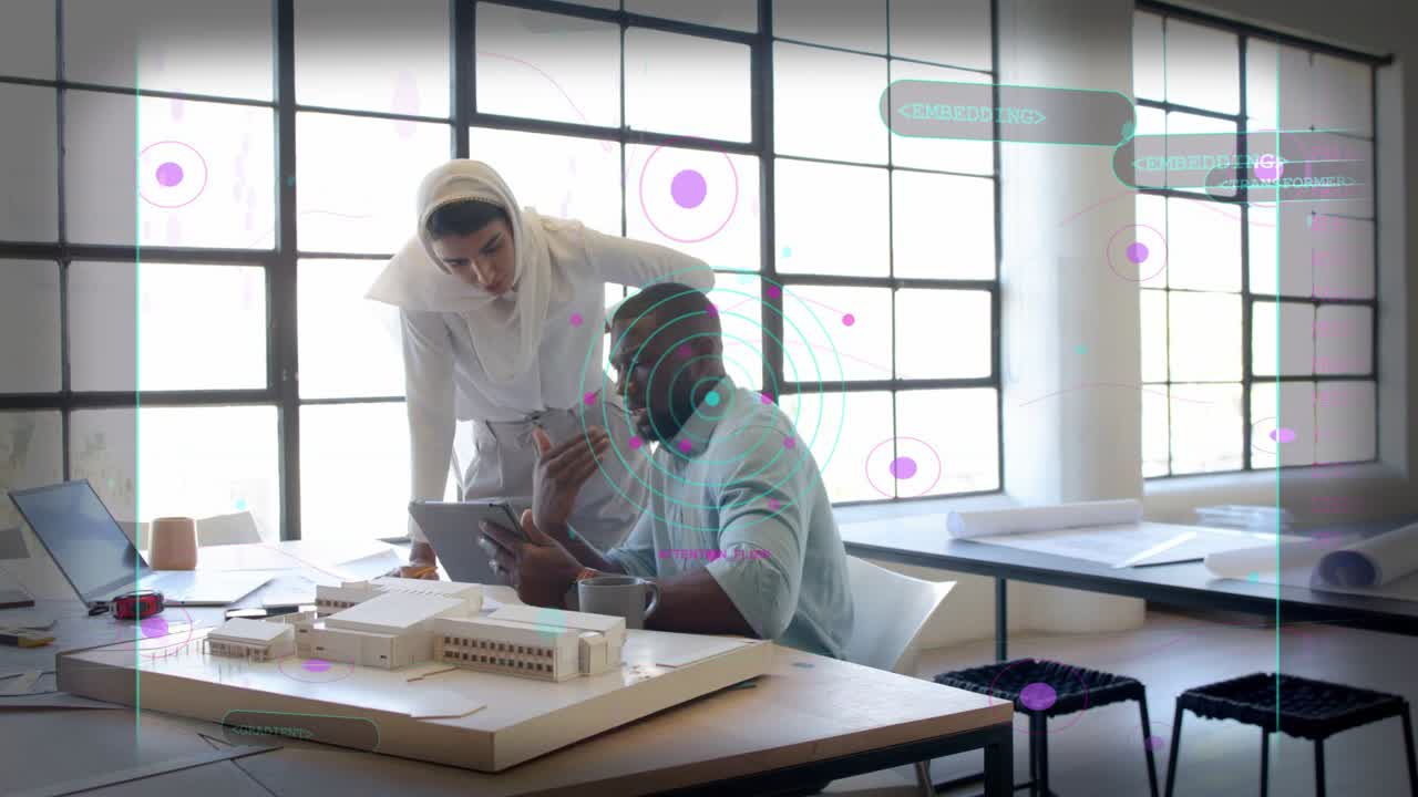 Man tapping tablet explaining design, woman pointing at scale model, AR overlay animating on tablet