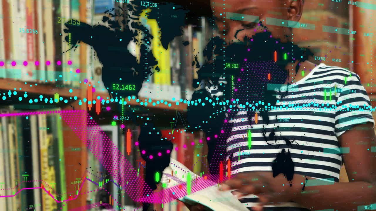 Child reading book in library with global data processing animation overlay