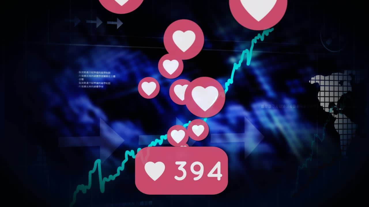 animación de iconos y números de redes sociales sobre estadísticas y procesamiento de datos