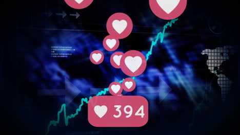 animation of social media icons and numbers over statistics and data processing