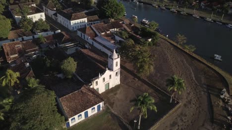 drone shot of historic igreja de nossa senhora das dores in paraty, brazil
