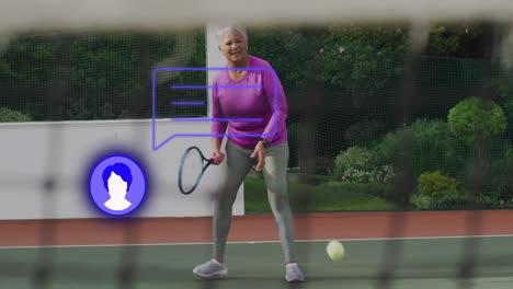 female athlete preparing to return tennis ball on home court, with smartwatch and tech overlays