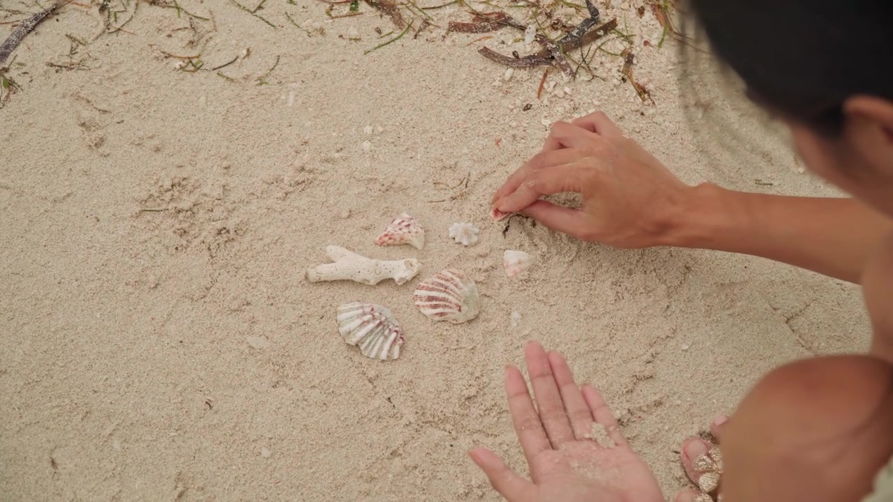 Overhead woman arranging shells on sand, sorting small seashell pieces into pattern with careful hands, coastal pebbles and seaweed edges, playful creative mood and mindful discovery