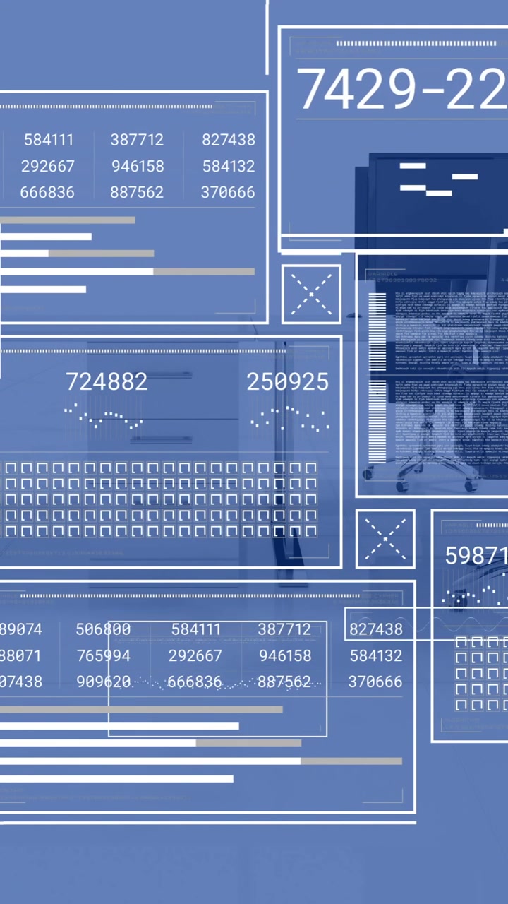 Animation of financial data processing over office with computers on desks