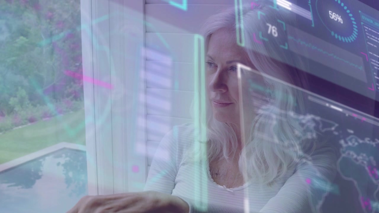 Mature woman sitting by window, blinking, shifting gaze, moving holographic charts for tech review