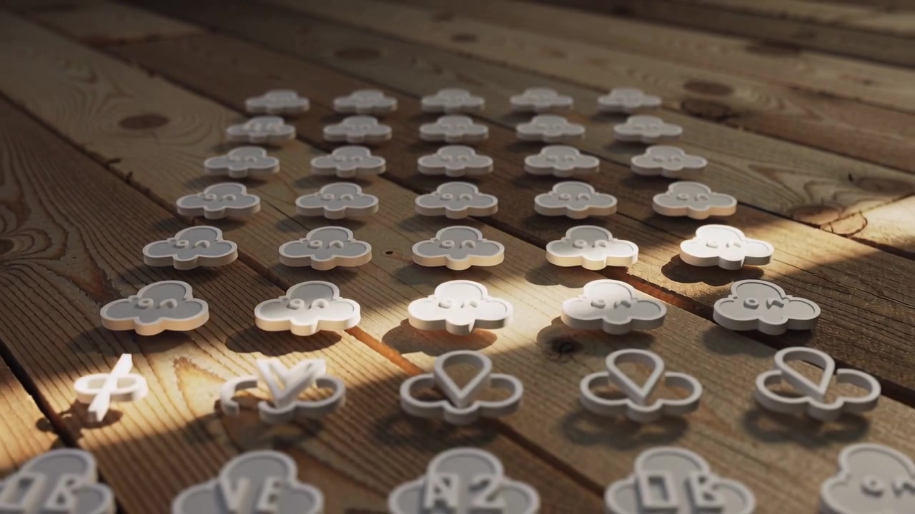 Camera pulling back, revealing white cloud tokens on wooden plank, sunlight exposing front symbols