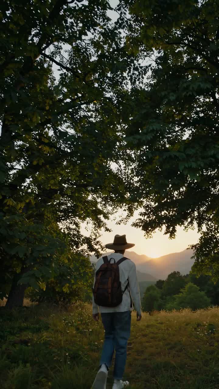 A traveler with a backpack walks through a forest path at sunset. The video captures a rear view