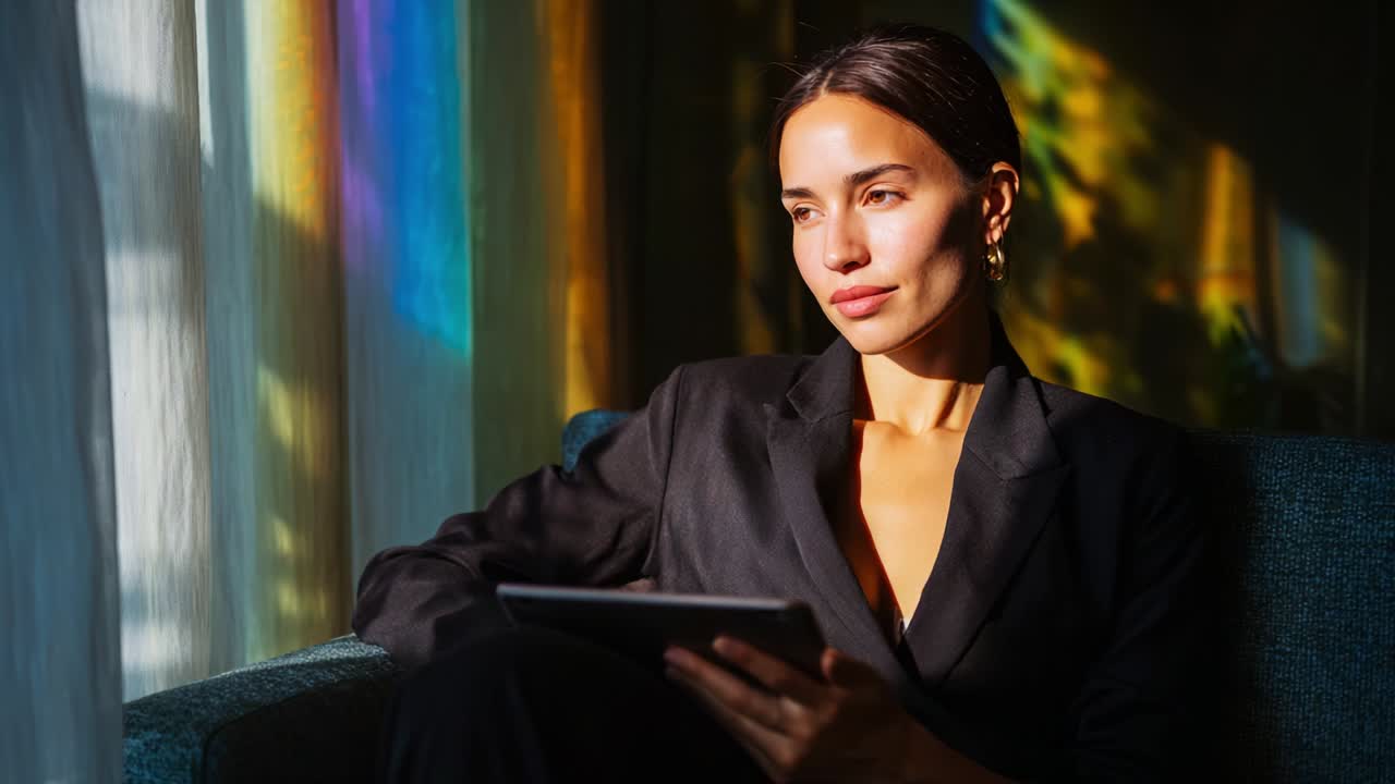 A Thoughtful Woman in a Sleek Black Suit Contemplates Her Day While Sitting on a Cozy Couch Bathed in Warm Sunlight, Creating a Serene and Reflective Atmosphere with Colorful Light Patterns