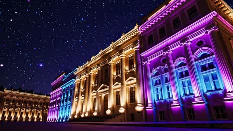 illuminated historical buildings at night under a starry sky