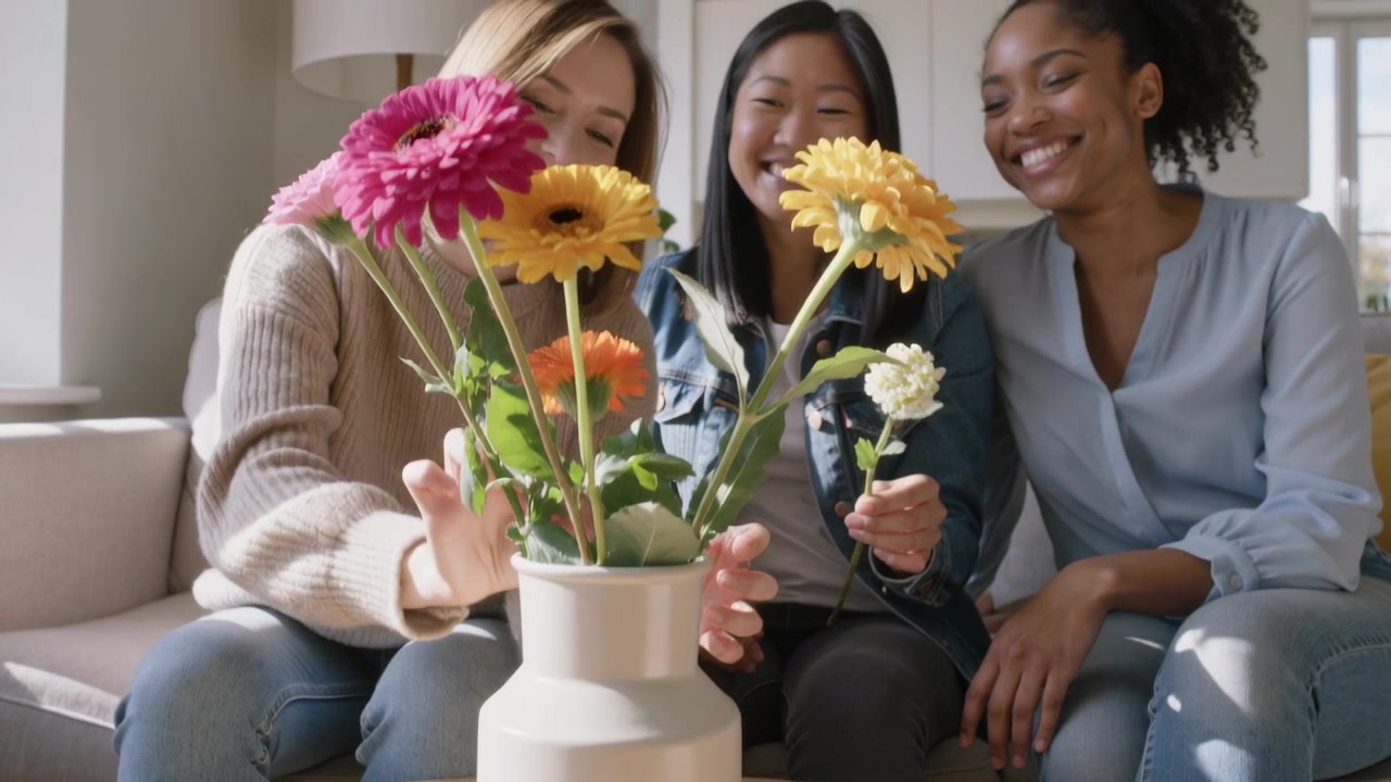 Reaching left friend, three women arranging stems at home table with pale vase, creating bouquet
