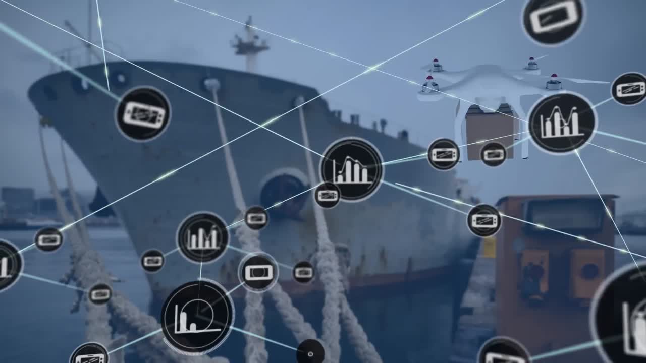 패키지를 운반하는 드론을 통해 아이콘으로 연결된 네트워크의 애니메이션