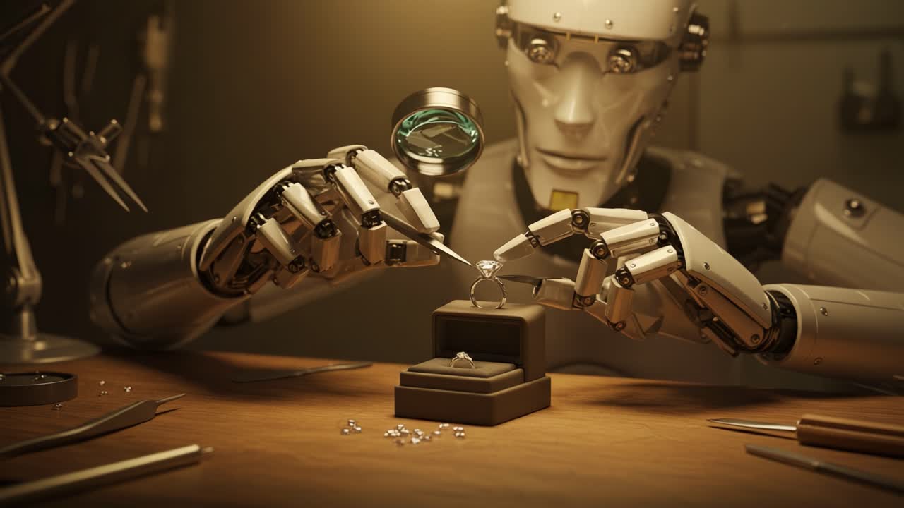 A Highly Skilled Robot Jeweler Perfecting a Dazzling Ring with Precision, Showcasing the Intersection of Art and Advanced Technology in Jewelry Crafting