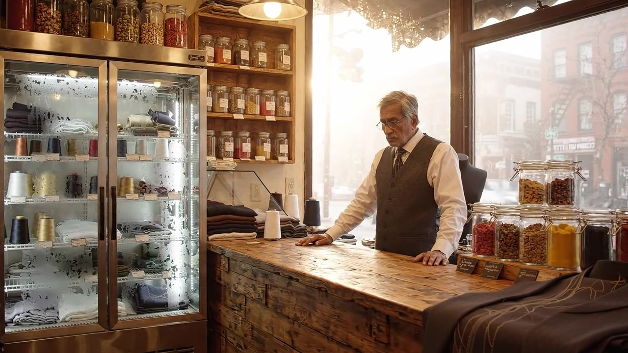 A Tailor in a Cozy Shop Surrounded by Rolls of Fabric, Thread, and Containers of Colorful Material, with Soft Natural Light Streaming Through the Windows