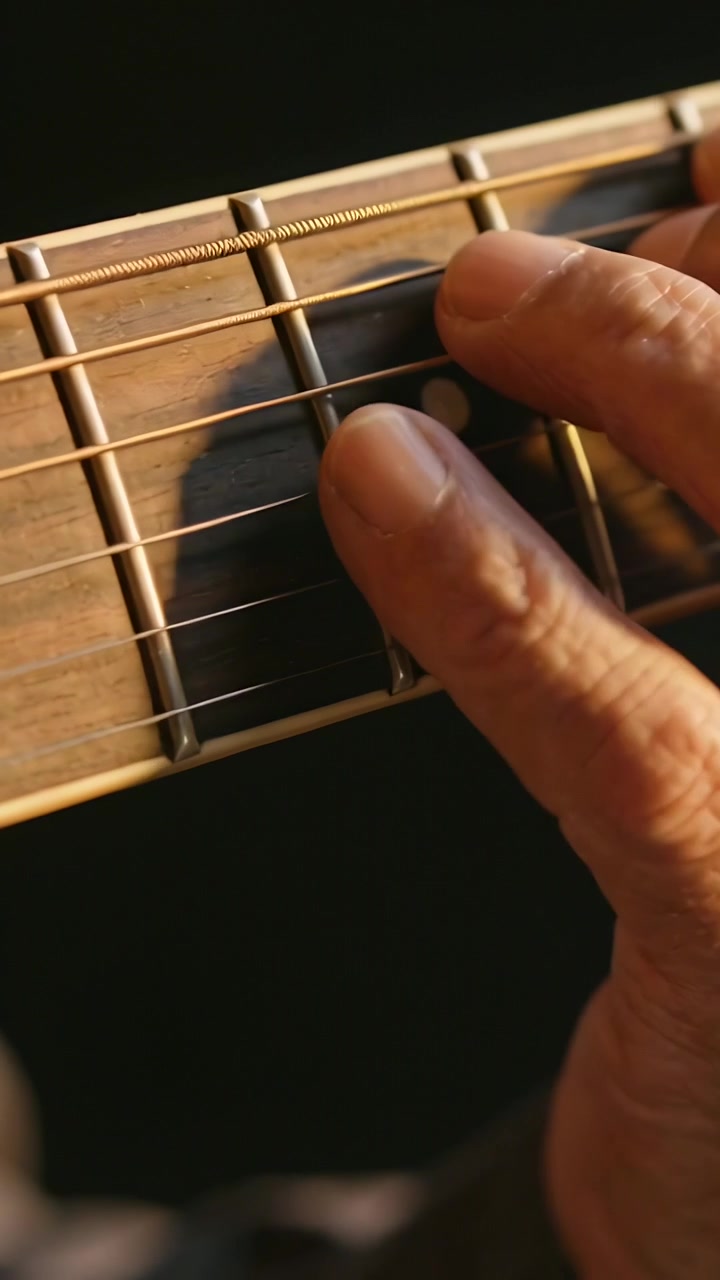 Video verticale: Mano del musicista che preme, scorrendo sul manico della chitarra in studio, completando un accordo