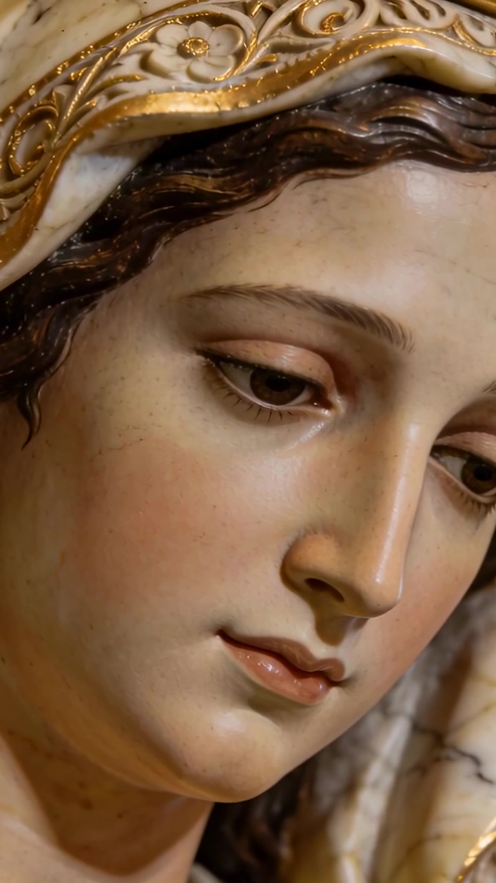 Video verticale: Telecamera che panoramica rivelando una testa femminile dipinta sull'altare di una chiesa, mostrando un velo dorato.
