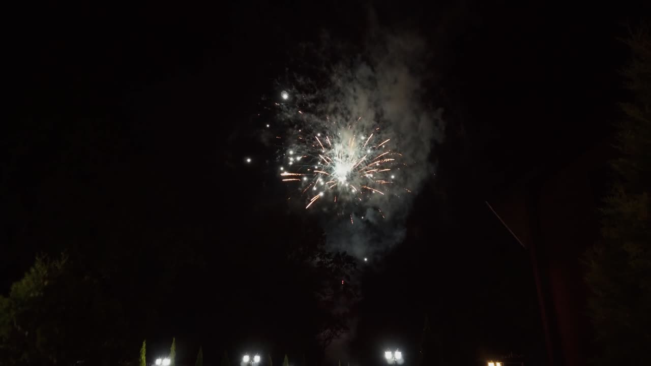 verdaderos fuegos artificiales festivos por la noche sobre los árboles en el patio de la casa de madera.