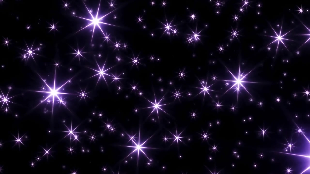 Animated purple starburst lights on deep black background, shifting from sparse faint points into dense radiant cluster with bright eight-point flares, soft glow, and rich contrast
