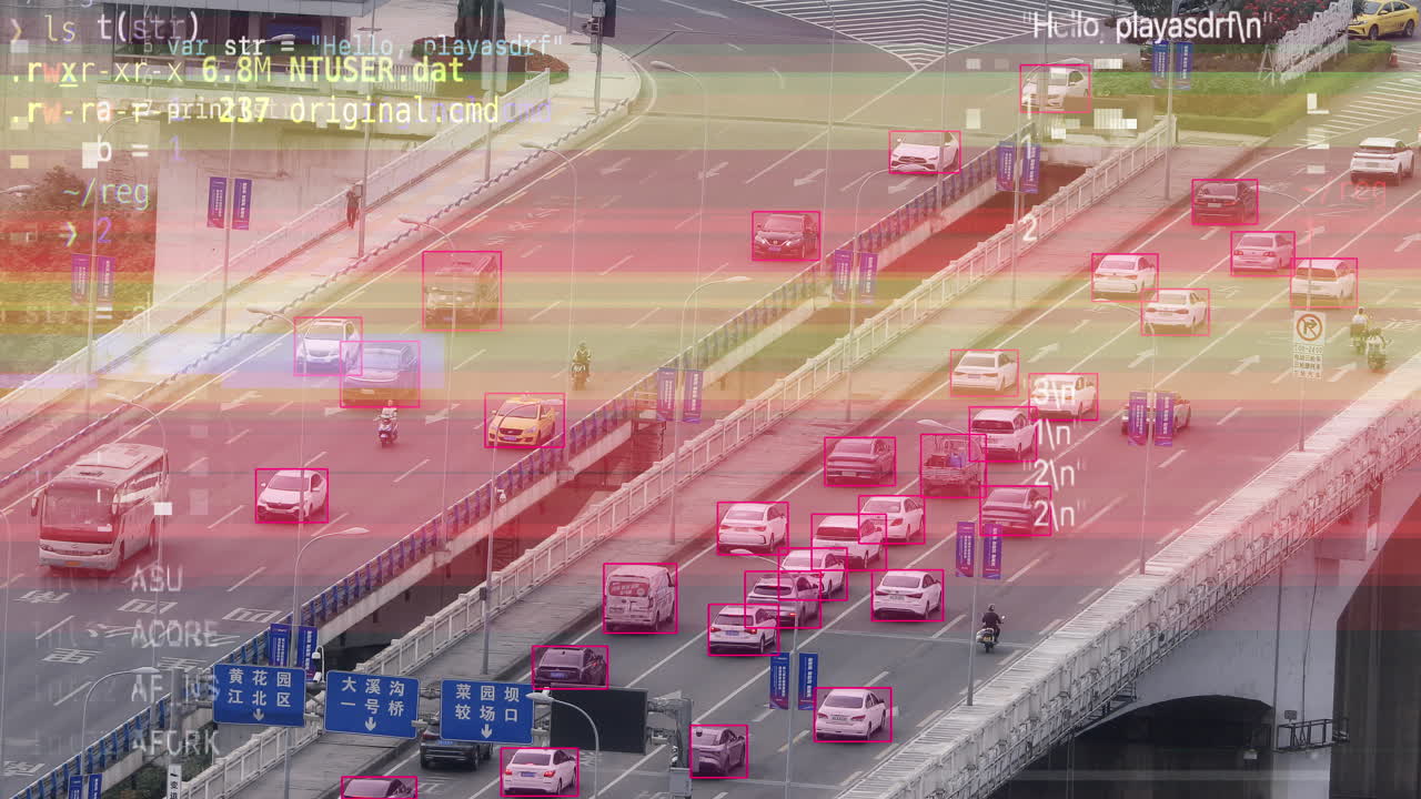 Timelapse of the Chongqing traffic street scene in china with overlayed data and AI information