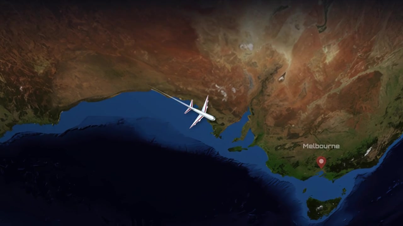 Satellite map animation tracks a commercial airplane flying from Mumbai to Melbourne across the ocean