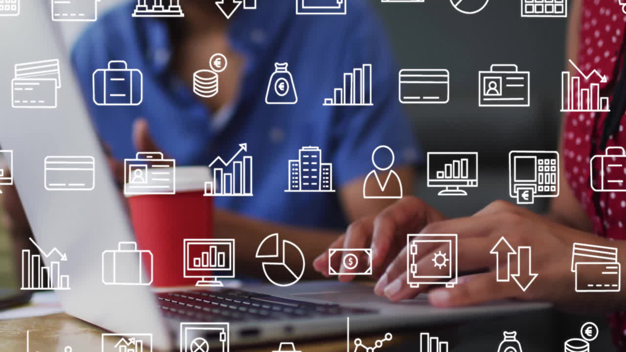 animación de iconos empresariales sobre colegas biraciales discutiendo el trabajo