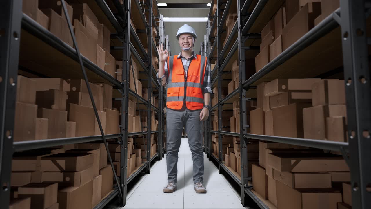 cuerpo lleno de ingeniero masculino asiático con casco de seguridad de pie en el almacén con estantes llenos de productos de entrega. sonriendo a la cámara y mostrando el gesto de ok a la cámara en el almacenamiento