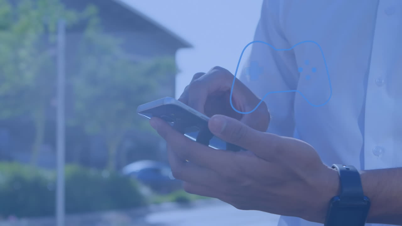 animación de iconos sobre la persona que utiliza el teléfono inteligente.