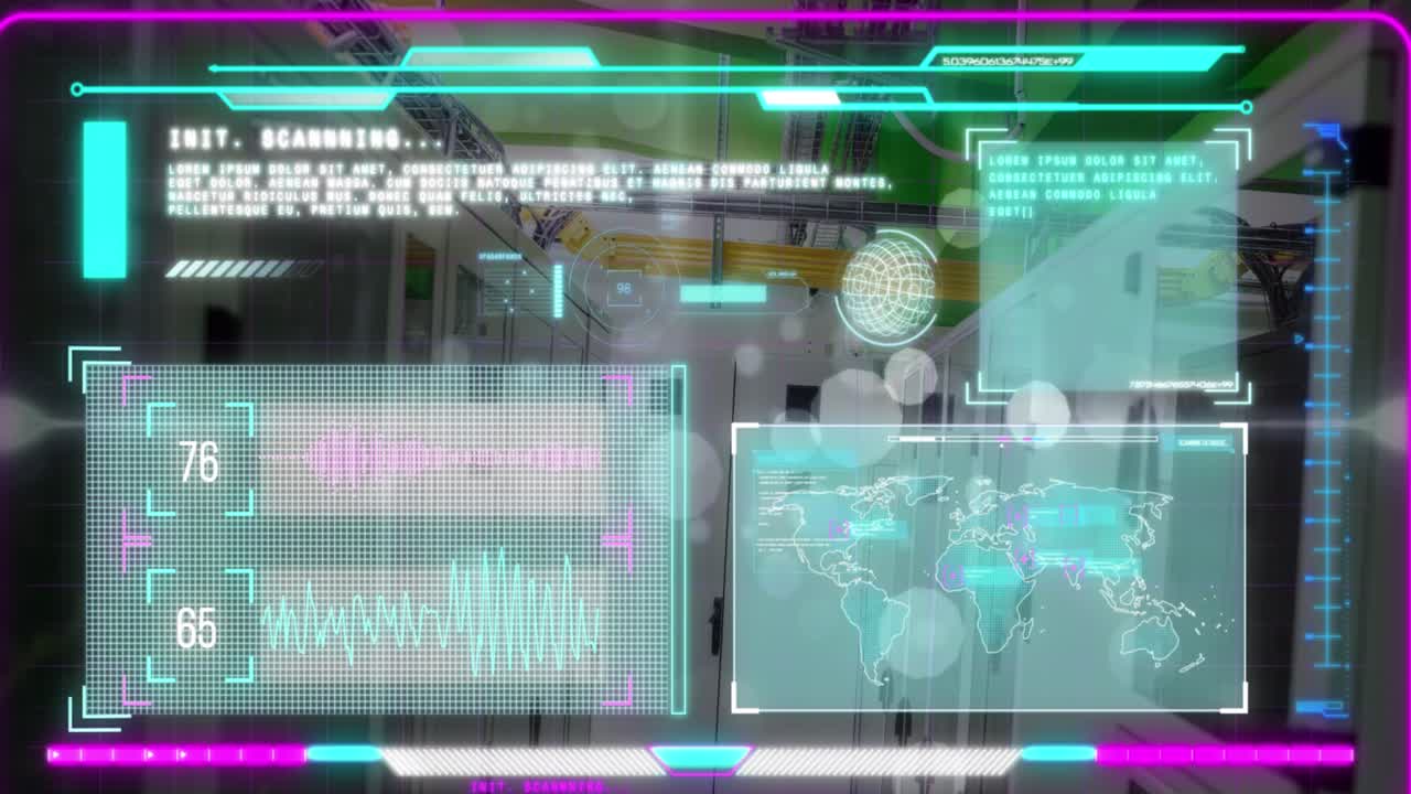 Animasjon av grensesnitt med databehandling og hvite flekker som flyter over serversal