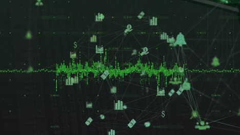 Animation-of-green-soundwaves-and-multiple-icons-connected-with-lines-in-globe-shape-over-numbers
