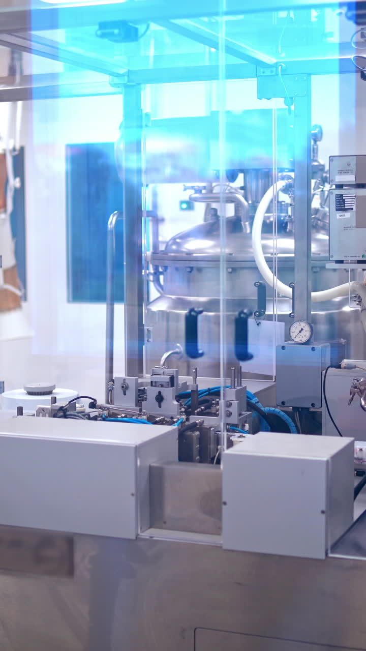 Pills production. Modern automated equipment inside the pharmaceutical plant. Pharmacy industry. Vertical video