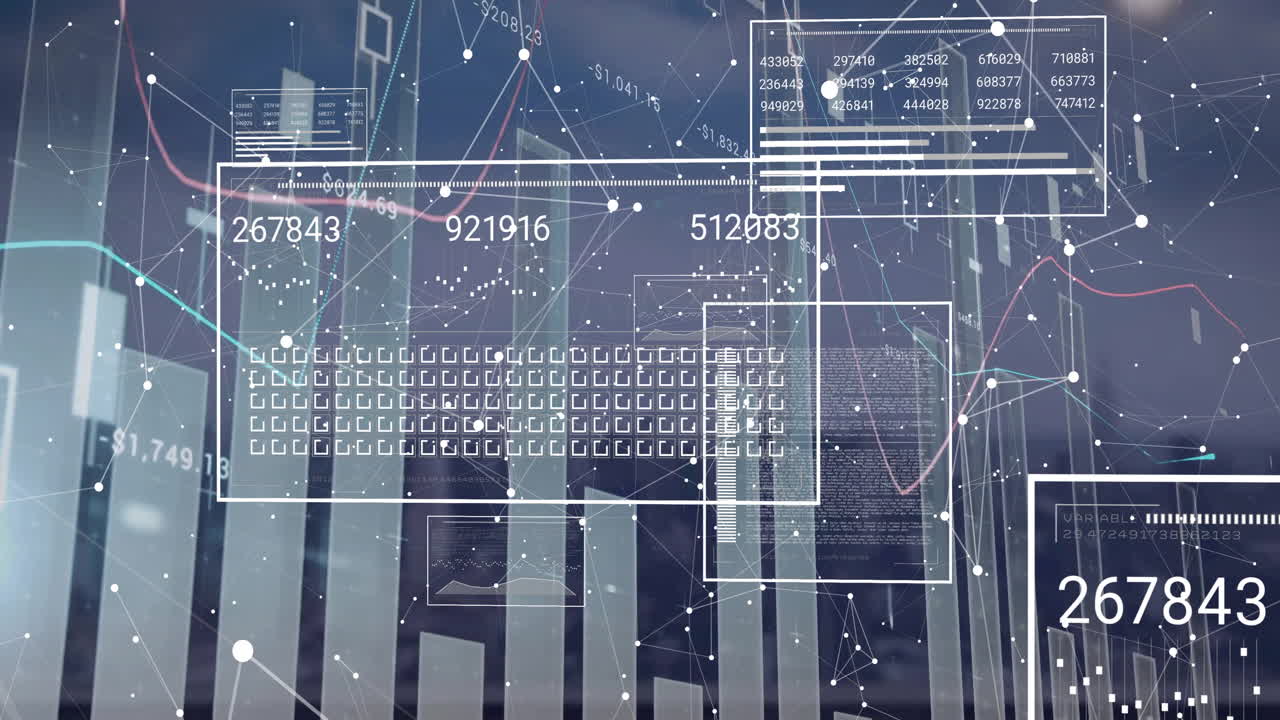 Animation of financial data processing over cityscape