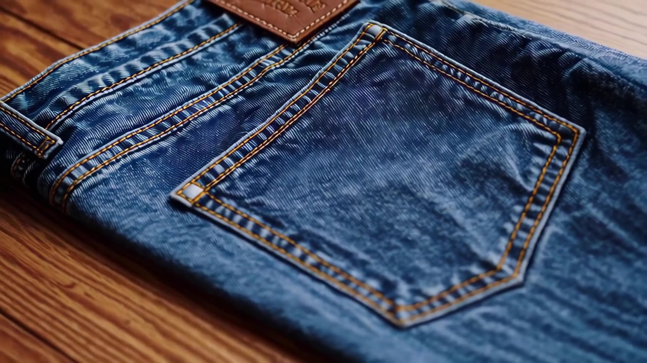Primo piano di jeans in denim blu su superficie di legno