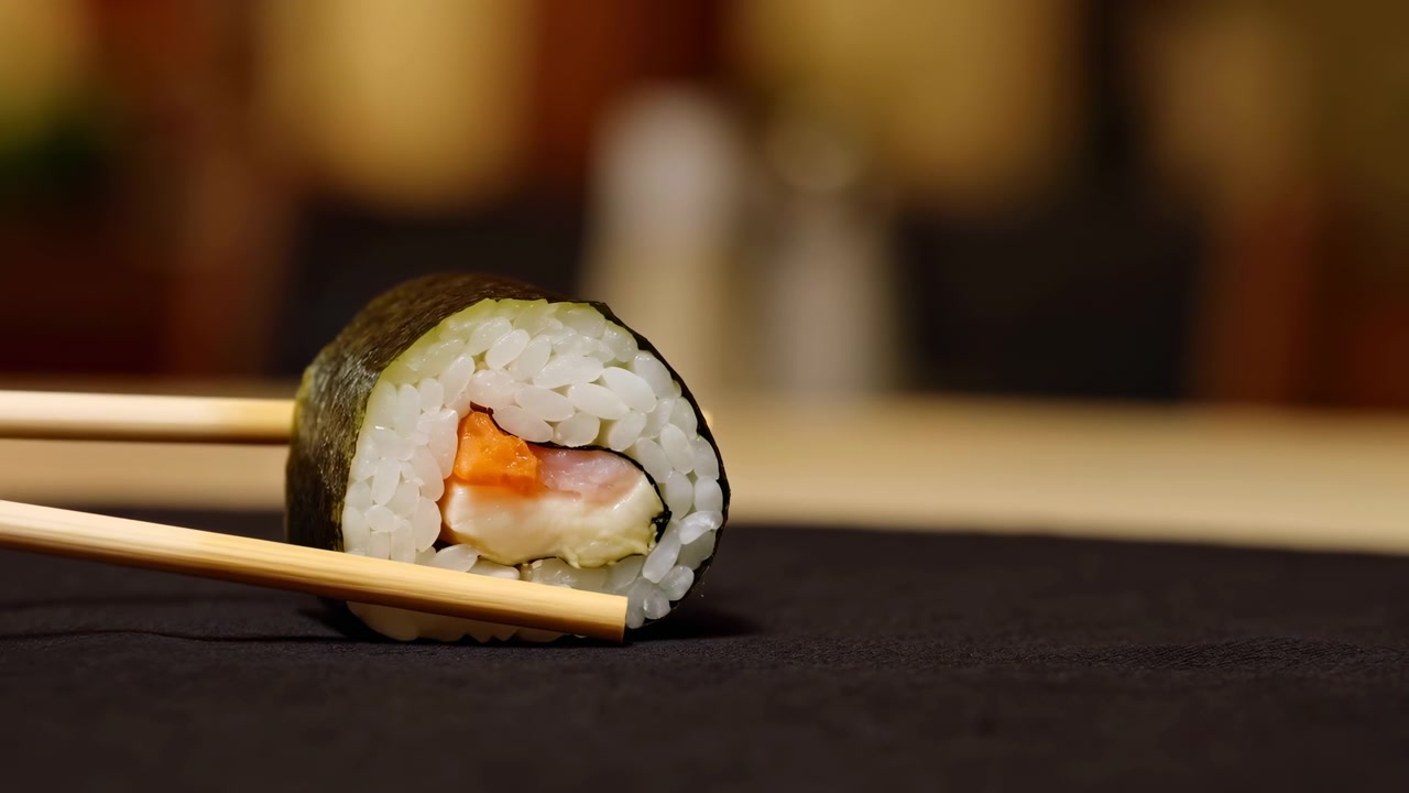 Yksi maki-sushirulla, jota pidellään puisilla syömäpuikoilla tumman kangasliinan yläpuolella. Rullassa on kiiltävää riisiä, nori-levää ja värikäs kalatäyte, ja se näkyy lämpimässä, sumeassa taustavalossa.