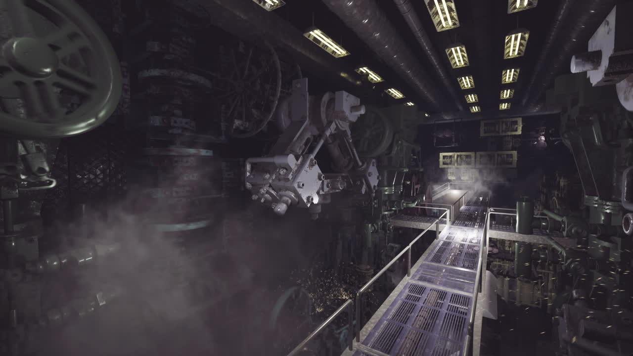 미래의 환경에서 산업용 장비를 전시하는 인테리어